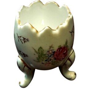 Vintage Napcoware Hand-Painted Floral Blue Porcelain Three Footed Egg Vase MCM